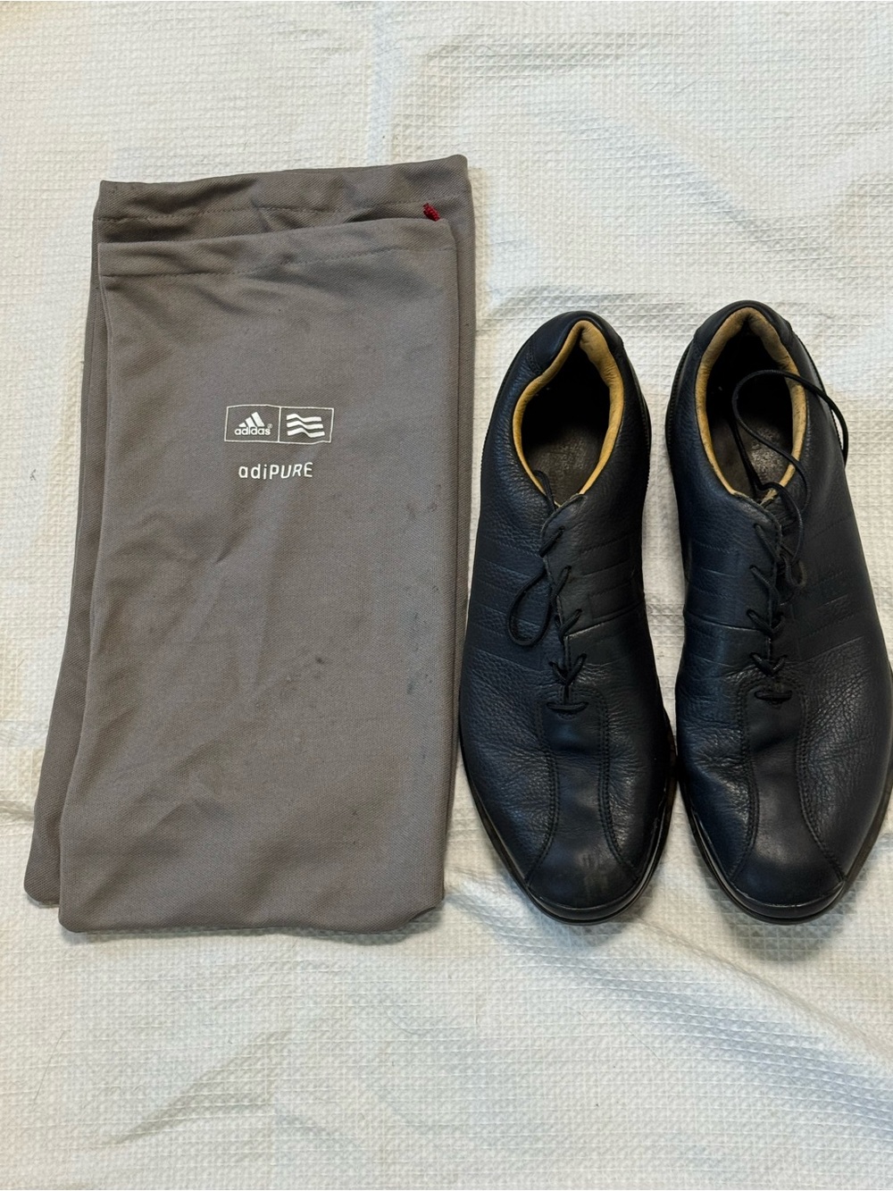 adidas black leather aspure lace-up shoes with gray adipure shoe bag